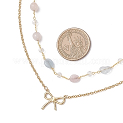 3 stücke 3 arten 304 edelstahl bowknot anhänger natürliche morganite & amethyst & labradorit nuggets link kette doppel schicht halsketten für frauen&nbsp;NJEW-JN05399