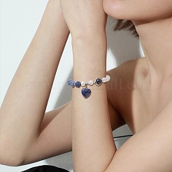 Braccialetto di fascino del cuore di lapislazzuli naturali con catene di perline di perle naturali per le donne&nbsp;BJEW-TA00255-01