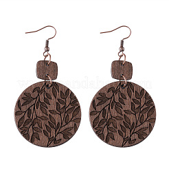 Boucles d'oreilles pendantes rondes plates en bois de style bohème avec motif de feuilles&nbsp;FS-WGEA415-01