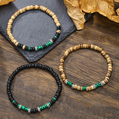 Stretch-Armbänder aus synthetischen Malachit- und Kokosnussschalenperlen&nbsp;PW-WGEF9FC-01