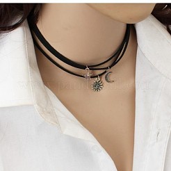 3 stücke 3 arten mond sterne sonne legierung anhänger faux wildleder schnur multi-strang choker halsketten für frauen&nbsp;FS-WG071C8-01