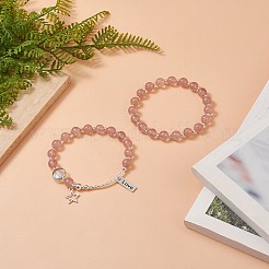Juego de pulseras elásticas con cuentas de piedra lunar sintética y cuarzo de fresa natural de 2 estilos 2 Uds.&nbsp;BJEW-TA00240