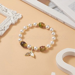 Braccialetto elasticizzato con perline rotonde in agata di pavone naturale tinta e perle di conchiglia&nbsp;BJEW-TA00233