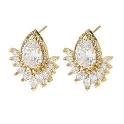 Pendientes de botón de latón y circonita cúbica transparente en forma de lágrima con detalles en forma de marquesa para mujer&nbsp;KK-CBA36A2-12G