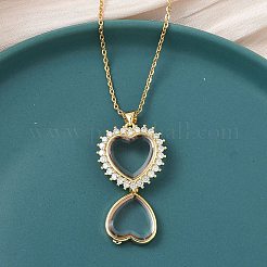 Herz-Medaillon mit Fotoanhänger aus Messing mit Mikropflaster und klarem Zirkonia und Glas&nbsp;NJEW-D341-01G