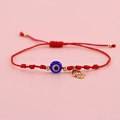 Bracelets faits main ajustables en verre bleu œil protecteur avec perles tressées et pendentif main de Hamsa en acier inoxydable&nbsp;KO5639-1