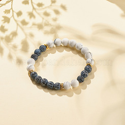 Braccialetto elasticizzato con perline rotonde in agata stagionata naturale (tinta) e howlite&nbsp;BJEW-JB08087-03