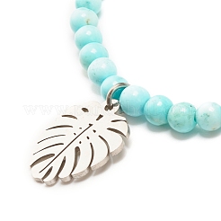 Bracciale elasticizzato con perline tonde in howlite naturale e charm a foglia&nbsp;BJEW-JB07587-04