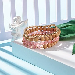 Ensemble de bracelets extensibles à perles rondes en quartz et bois de cerisier synthétique 4pcs 4 styles&nbsp;BJEW-JB07626