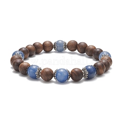 Braccialetto elastico con perline rotonde in legno e avventurina blu naturale tinta e riscaldata per le donne&nbsp;BJEW-JB09379