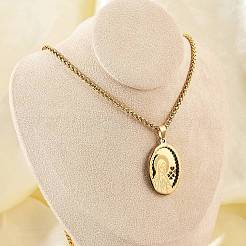 Collane con catena a grano con ciondolo a forma di vergine Maria in acciaio inossidabile 201 per uomo&nbsp;NJEW-S387-09G-04