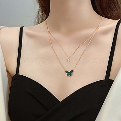 Papillon en malachite naturelle et pendentif ovale en zircone cubique collier double couche&nbsp;JN1057A