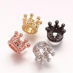 Perles européennes en laiton avec zircone cubique de micro pave, perle avec trou grande, couronne, couleur mixte, 11x7.5mm, Trou: 5mm