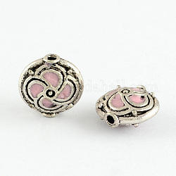Flat Round Handmade Indonesia Beads, with Alloy Cores, Antique Silver, Pink, 14x8mm, Hole: 1.5mm