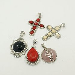 Gemstone Pendants, with Brass Findings, Mixed Shapes, Platinum Metal Color, Mixed Color, 30~44x23.5~32x4~10.5mm, Hole: 4~5x6~8mm