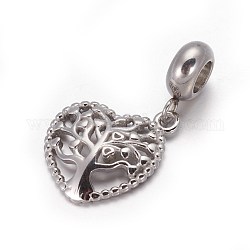 304 breloques pendantes de style européen en acier inoxydable, Pendentifs grand trou, Coeur avec arbre, couleur inoxydable, 27mm, Trou: 4.5mm, pendentif: 17.5x15x3 mm