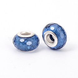 Faceted Resin European Beads, Large Hole Rondelle Beads, with Silver Tone Brass Cores, Royal Blue, 14x9mm, Hole: 5mm