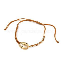 Adjustable Nylon Thread Braided Bead Bracelets, with Alloy Links and Round Brass Beads, Cowrie Shell Shapes, Golden, Chocolate, Inner Diameter: 1-3/8~3-3/4 inch(3.5~9.7cm)