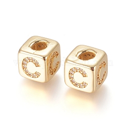 Perline zirconi micro pave  in ottone, placcato di lunga durata, cubo con lettera, chiaro, oro, letter.c, 10x8x8.5mm, Foro: 1.5x3.5 mm e 4 mm