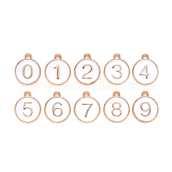 Ciondoli in lega smaltata oro chiaro, paillettes smaltate, piatta e rotonda con numero, numero  0~9, bianco, 14.5x12x2.5mm, Foro: 1.4 mm, 10 pc / set