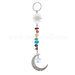 Tibetan Style Alloy Keychains, with Chakra Gemstone Chips and 304 Stainless Steel Split Key Rings, Moon, 149mm