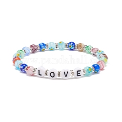 Bracelet mot d'amour, bracelet extensible coloré en perles de verre et acrylique millefiori pour femme, Motif de lettre, diamètre intérieur: 2-1/8 pouce (5.5 cm)
