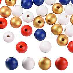 160 pz 4 colori 4 luglio giorno dell'indipendenza americana dipinte perline rotonde in legno naturale, perline sciolte per la creazione di gioielli e decorazioni per la casa, con imballaggio sottovuoto impermeabile, blu & rosso & bianco & verga d'oro, 16mm, Foro: 4 mm, 40 pz / colore
