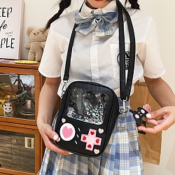 Puレザークロスボディバッグ  面白いヤシのゲーム機の形の女性のバッグ  クリアウィンドウ付き  ブラック  22x16x7cm