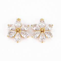 Brass Micro Pave Clear Cubic Zirconia Pendants, Flower, Real 18K Gold Plated, 17x14x4.5mm, Hole: 1mm