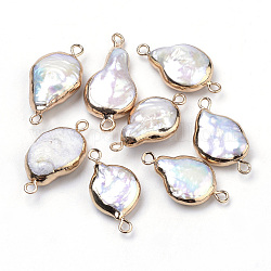 Conectores de eslabones de perlas keshi de perlas barrocas naturales chapadas, con fornituras de hierro, lágrima, dorado, 20~26x11.5~12x5~6mm, agujero: 2 mm