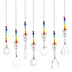 AHADERMAKER 7Pcs 7 Style Transparent Glass Pendant Decorations, Hanging Sun Catchers, Rainbow Maker, with Iron Butterfly and Glass Beads, for Home Decoration, Mixed Shapes, 265~318mm, 1pc/style