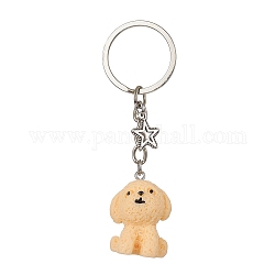 Porte-clés pendentif chien en résine, avec anneaux en fer et breloque étoile en alliage, peachpuff, 8.5 cm, chien: 30.5 mm