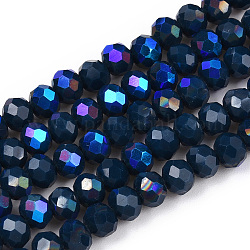 Electroplate opaco colore solido perle di vetro fili, mezzo arcobaleno placcato, sfaccettato, rondelle, blu di Prussia, 4x3mm, Foro: 0.4 mm, circa 123~127pcs/filo, 16.5~16.9 pollice (42~43 cm)