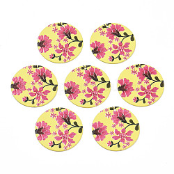 Pendentifs en fer peint, de Style caoutchouté, 3d imprimé, motif d'impression de fleurs, plat rond, jaune, 25.5x0.8mm, Trou: 1.2mm