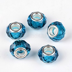 Граненые прозрачные стеклянные европейские шарики, бусины с большими отверстиями в форме шайбы, с латунными ярдами серебянного цвета , Плут синий, 14x9 мм, отверстие : 5 мм