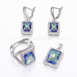 Brass Micro Pave Cubic Zirconia Jewelry Sets, Pendants & Hoop Earrings & Finger Rings, Rectangle, Platinum, Colorful, Size 10(20mm), 25x13.5x7mm, Hole: 5x3.5mm, 31x11x16mm, Pin: 1mm