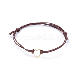 Bracelets réglables en cordon de coton ciré, avec 304 anneau de saut coeur en acier inoxydable, brun coco, 1-5/8 pouce ~ 3-1/2 pouces (4~9 cm)