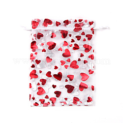 Bolsas de cordón de organza impresas rectangulares, patrón de corazón de ladrillo, blanco, 12x9 cm