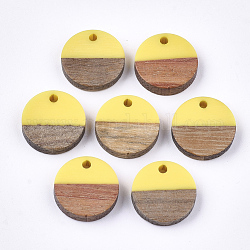 Resin & Walnut Wood Pendants, Flat Round, Yellow, 14~15x3~4mm, Hole: 1.8mm