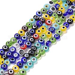 Abalorios de colores vario hechos a mano, plano y redondo con mal de ojo, color mezclado, 4.5x2.5mm, agujero: 0.6 mm, aproximamente 90~100 pcs / cadena, 15.35''~15.75'' (39~40 cm)