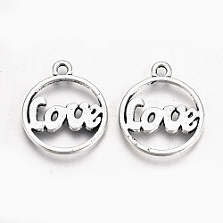 Tibetan Style Alloy Pendants, Lead Free & Cadmium Free, for Valentine's Day, Flat Round with Word Love, Antique Silver, 19.5x16x1mm, Hole: 1.6mm, about 526pcs/500g