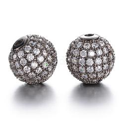 Perles rondes en laiton avec zircone cubique de micro pave, gunmetal, 10mm, Trou: 2mm