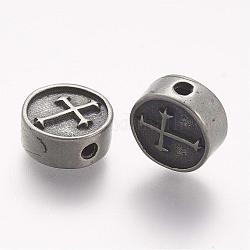 304 perline in acciaio inossidabile, piatta e rotonda con croce, argento antico, 11x4.5mm, Foro: 2 mm