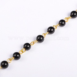 Handmade Round Glass Pearl Beads Chains for Necklaces Bracelets Making, with Golden Iron Eye Pin, Unwelded, Black, 39.3 inch, Bead: 6mm