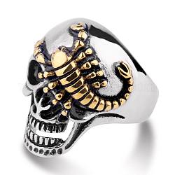 Two Tone 316L Surgical Stainless Steel Skull with Scorpion Finger Ring, Gothic Punk Jewelry for Men Women, Golden & Stainless Steel Color, US Size 14(23mm)