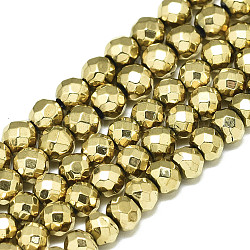 Chapelets de perles en hématite synthétique sans magnétiques, ronde, facette, véritable 18k plaqué or, 4mm, Trou: 0.9mm, Environ 96 pcs/chapelet, 15.75 pouce (40 cm)