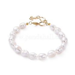 Natural Baroque Pearl Keshi Pearl Beaded Bracelets, with 304 Stainless Steel Lobster Claw Clasps, Brass Twist Links & Anchor Charms, White, 9-1/2 inch(24cm)