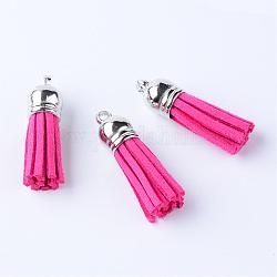 Faux Suede Tassel Pendant Decorations, with CCB Plastic Cord Ends, Platinum, Camellia, 35~37x10mm, Hole: 1.8mm