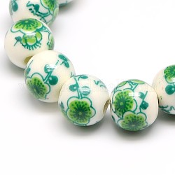 Cuentas de cerámica de la porcelana de la flor hecha a mano impresa hebras, redondo, verde mar medio, 10mm, agujero: 2 mm, aproximamente 35 pcs / cadena, 13.5 pulgada
