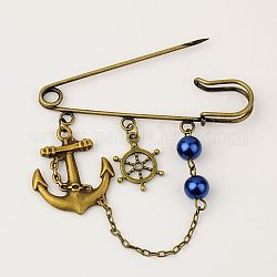 Glass Pearl Brooches, with Tibetan Style Pendants, Iron Chains and Iron Kilt Pins, Anchor & Helm, Marine Blue, 66mm